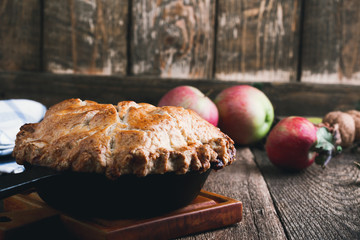 Apple pie in cast iron skillet, traditional Thanksgiving dessert