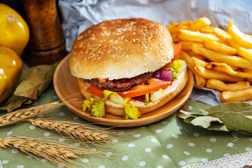 Cheese burger - American cheese burger with Golden French fries