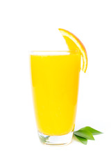 Navel orange juice and slices of orange with leaves isolated on white background
