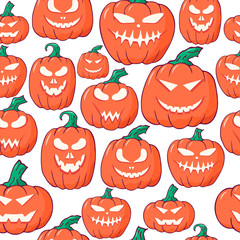 Seamless pattern with Halloween pumpkin stickers with spooky smiling faces. October party scary cartoon background.
