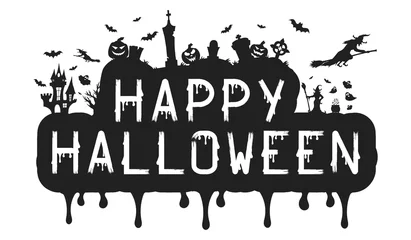 Fototapeten Glückliches Halloween-Zitat. Entwerfen Sie Briefposter oder Textbanner für die Oktoberparty mit Kürbissen, Hexen, Fledermäusen, Friedhof und gruseligem Haus. © Kirill