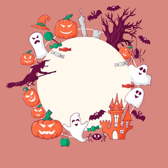 Cute Halloween round frame with funny stickers. Funny pumpkins, bats, candy, spooky ghost, haunted house, scary witch and graves. Vector isolated Halloween elements.