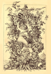 vintage chapter decoration: autumn season with Herbst written in old German characters, a cute girl stealing grapes, puttos, a scarecrow,bunnies and triumph of seasonal plant, flowers and crops