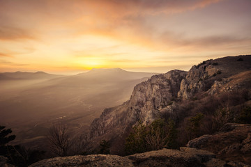 Demerdji, Alushta, Republic of Crimea - April 1, 2019: View of Chatyr-Dag-Yayla from the Moonglade on Demerdzhi
