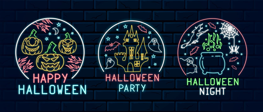 Halloween neon signs with pumpkins, hanted house, potion, witch, ghosts, spider and bats in the sky for october 31 night. Vector horror glowing signboard. Club invitation holiday shining banner.