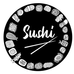 Set of japan sushi collection isolated on white background in circle. Japan food, asian