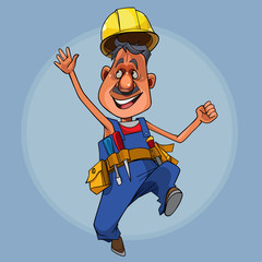cartoon male construction worker in a helmet jumps and waves a hand