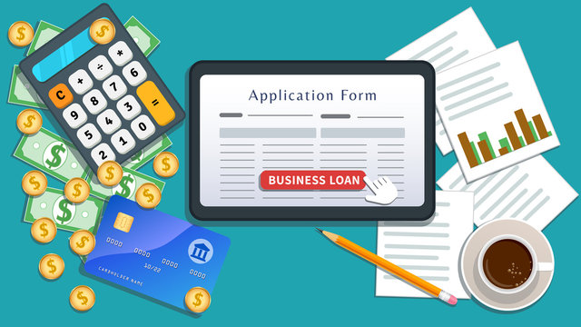 Small business loan online agreement. Home mortgage. Flat tablet or smartphone with application form, cursor click button on desk with cash, calculator, credit card, pencil, cup of coffee, chart