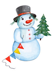 Cute cartoon snowman with new year tree.