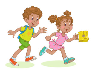 Little girl and boy run to school with school bags. In cartoon style. Isolated on white background. Vector illustration.