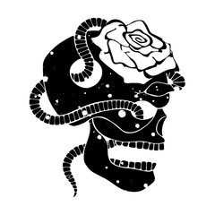 Vector black white hand drawn illustration, skull with snake, rose tooth, silhouette face of human Print horror for t shirt Mexican style, day of the dead Mexico, halloween Sketch, tattoo drawing.