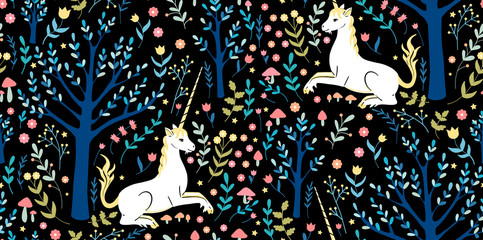 Seamless pattern - unicorn garden on black background © Elena