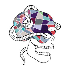 Vector pastel hand drawn illustration, skull with snake, tooth, silhouette face of human Print horror for t shirt Mexican style, day of the dead Mexico, halloween Sketch, doodle drawing.