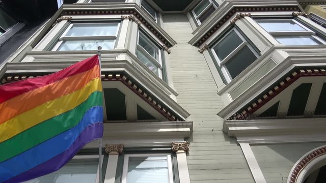 Rainbow Flag Outside a Victorian Home in San Francisco Castro District