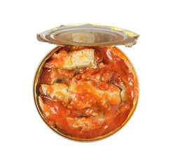 Open tin can of fish in tomato sauce isolated on white, top view