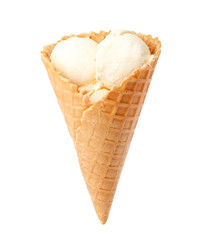 Delicious ice cream in waffle cone on white background