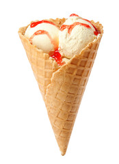 Delicious ice cream with topping in waffle cone on white background