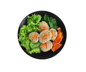 Plate of traditional Passover (Pesach) gefilte fish isolated on white, top view