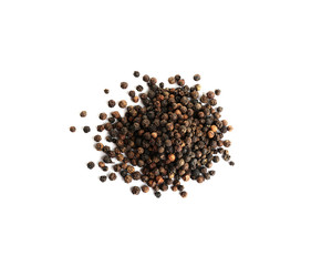Heap of black peppercorns isolated on white, top view