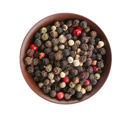 Bowl of mixed peppercorns isolated on white, top view