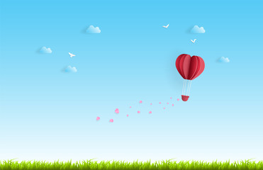 Obraz premium Balloon flying over Cloud with pink heart float on the sky. and scatter pink heart in the sky, vector art and illustration of love and valentine Digital paper craft style.