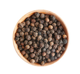 Bowl of black peppercorns isolated on white, top view