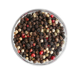 Bowl of mixed peppercorns isolated on white, top view