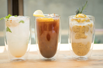 Different of summer drink (coffee, iced lychee and passion fruit smoothie)