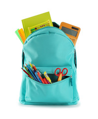 Fototapeta Bright backpack with school stationery isolated on white obraz