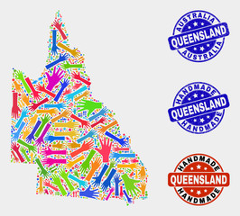 Vector handmade combination of Australian Queensland map and grunge stamp seals. Mosaic Australian Queensland map is made from randomized bright colorful hands.