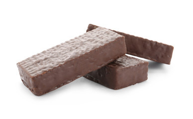 Delicious wafer sticks with chocolate coating isolated on white