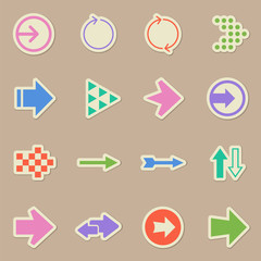 web arrows color sticker vector icons. arrows paper labels with transparent shadow on beige background for web, mobile and user interface design