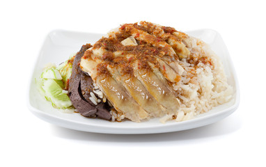 Hainanese chicken rice isolated on white background
