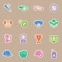 baseball american sport color sticker vector icons. baseball paper labels with transparent shadow on beige background for web, mobile and user interface design
