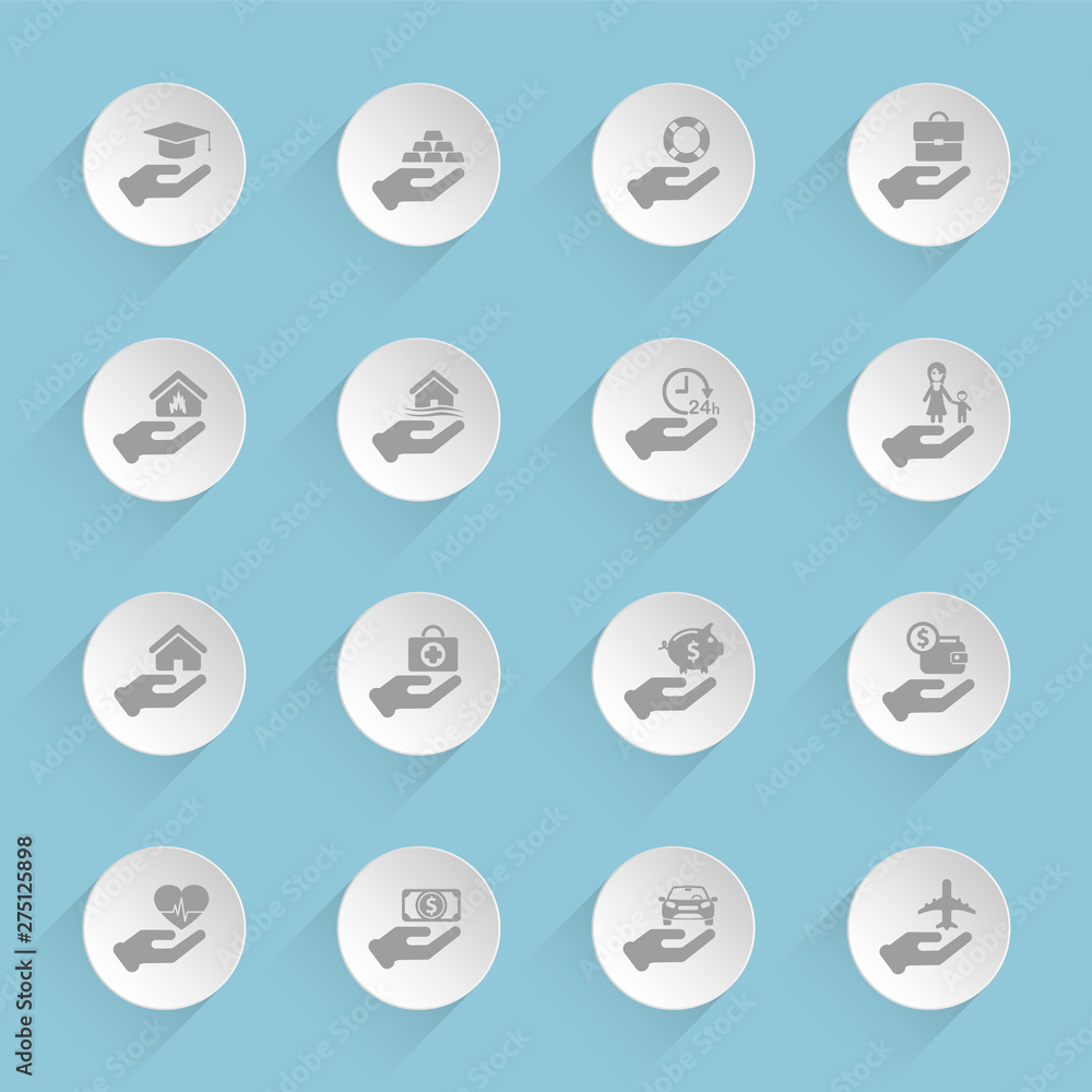 Poster different types of insurance gray vector icons on round puffy paper circles with transparent shadows on blue background for web, mobile and user interface design