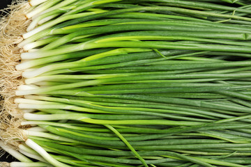 Fresh green onions as background, top view