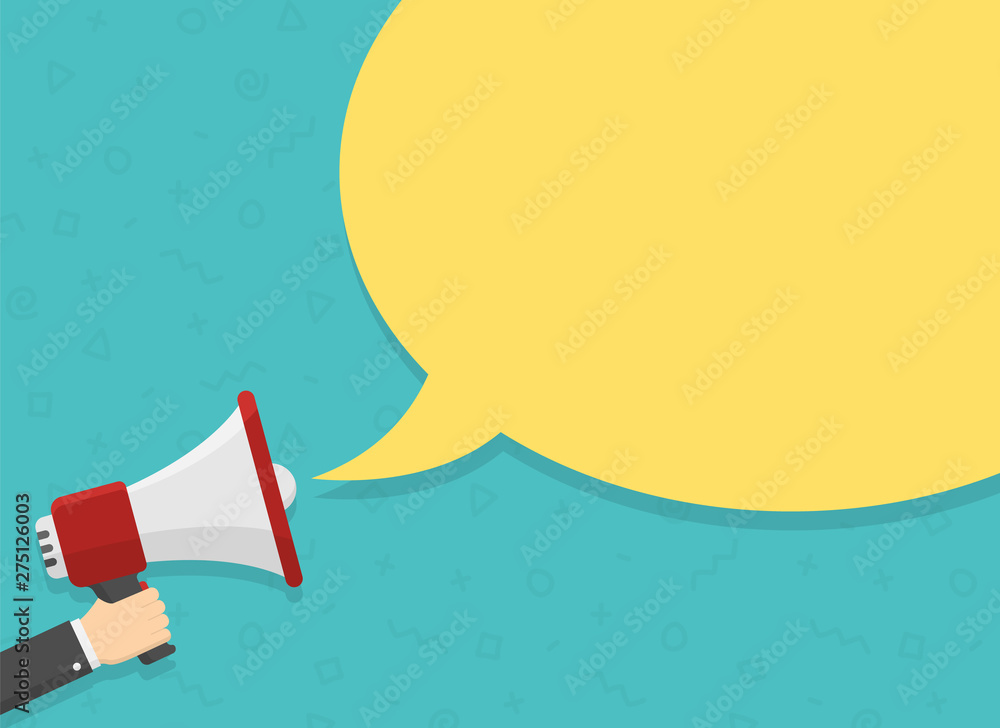 Poster realistic red megaphone in hand with place for text in yellow dialog speech bubble vector illustrati
