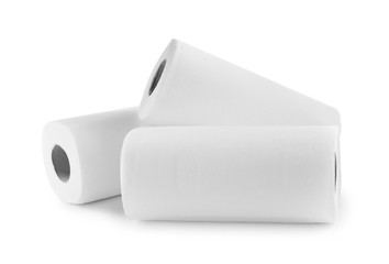 Rolls of paper towels on white background