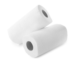 Rolls of paper towels on white background