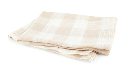 Folded checkered kitchen towel on white background