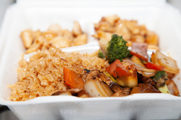 Carry Out Container Filled with Stirfried and Grilled Foods