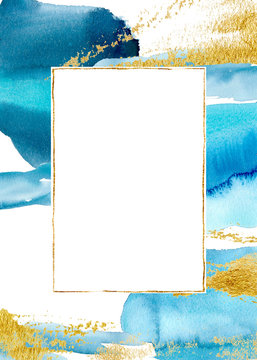 Watercolor blue vertical abstract card. Hand painted beautiful golden border. Marine illustration for design, print, fabric or background.