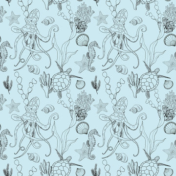 Line art seamless pattern with underwater animals. Hand painted seahorse, octopus, turtle and starfish isolated on pastel blue background. Aquatic outline illustration for design, print or background.