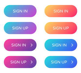 sign in sign up web buttons set. filled ui web buttons in flat style. rounded vector buttons on trendy gradients with arrows for web and ui design