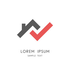 Home check logo - house roof with chimney and red check mark or tick symbol. Real estate and realty vector icon.