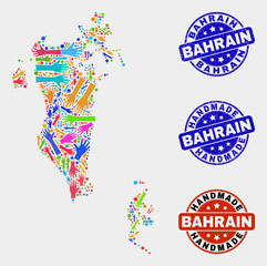 Vector handmade combination of Bahrain map and textured seals. Mosaic Bahrain map is constructed of random bright colored hands. Rounded seals with distress rubber texture.