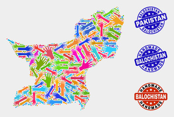 Vector handmade composition of Balochistan Province map and unclean stamps. Mosaic Balochistan Province map is formed of randomized bright colored hands. Rounded seals with unclean rubber texture.