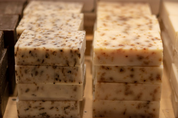 Traditional herbal soap. There are plant varieties in white color. It was taken in front of the store.