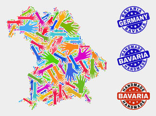 Vector handmade composition of Bavaria Land map and scratched stamp seals. Mosaic Bavaria Land map is formed of random bright colored hands. Rounded stamp imprints with corroded rubber texture.