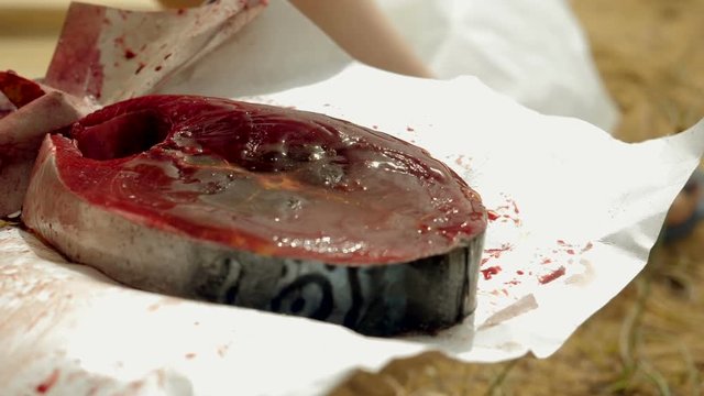 Close-up shot of female hand rubbing olive oil to a fillet of tuna fish. Slow motion. HD